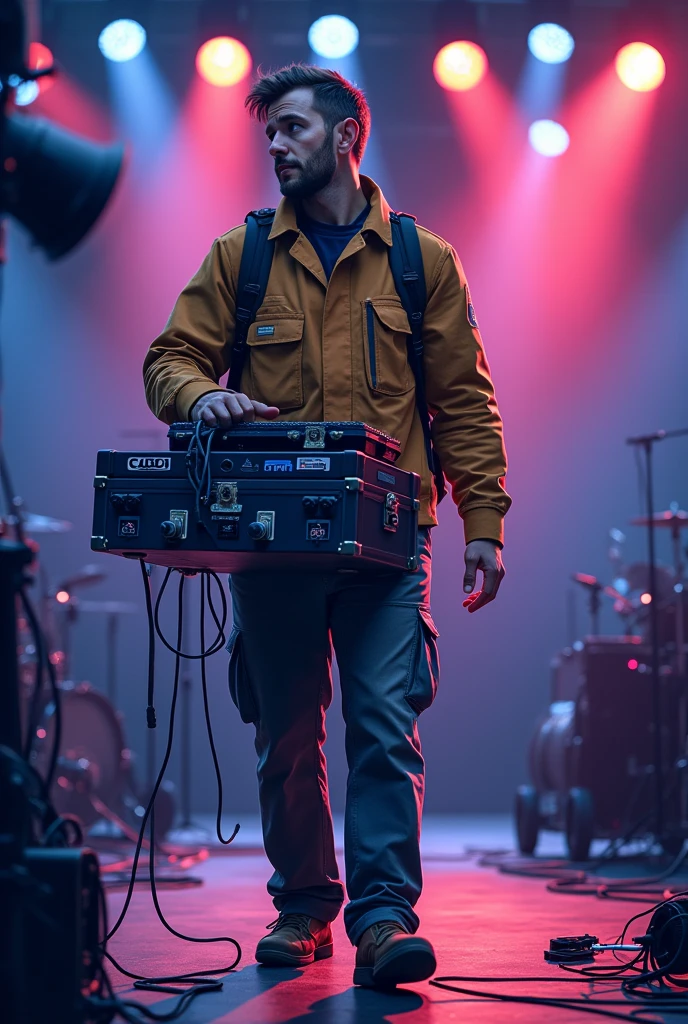 Man as event technician with cables, Mixer and LED spotlights in hand as clipart