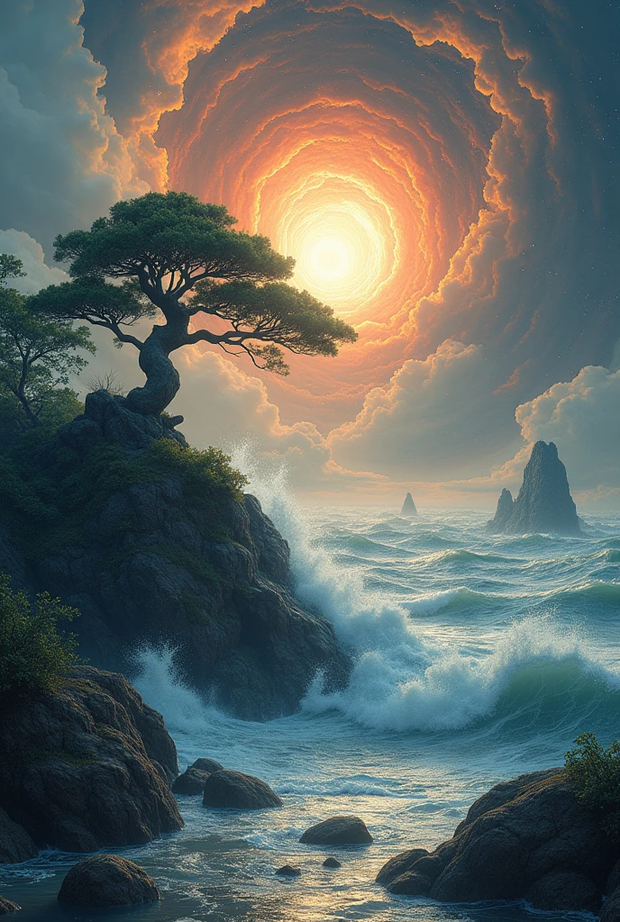 (photorealism:1.2), a supernova and a black hole in space in the background, in the foreground a bonsai tree and waves. Everything set in a Japanese style scene but in space