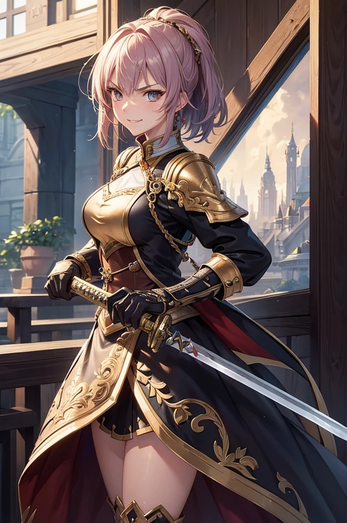 masterpiece,best quality,extremely detailed CG,ultra-detailed,1woman,fantasy,general,swordfighter,angry smile,