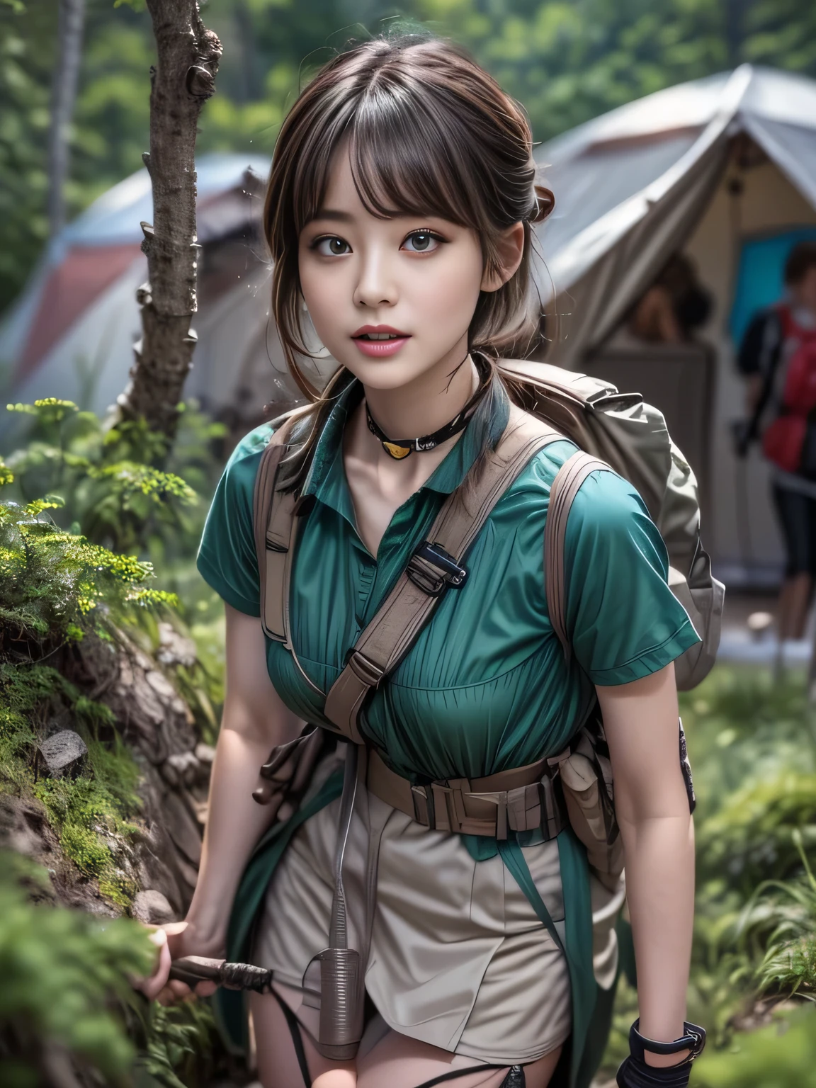 Very beautiful woman, Highly detailed eyes, Highly detailed face, Sexy and highly detailed lips, Super detailed everything, Attractive woman, Black choker, blue eyes, Very long eyelashes, bangs, Big Breasts, , Highest quality, masterpiece, ((Slim face)), Japanese actress, servant, ((High nose)), ((Mountaineering wear、Hunter Equipment), Happy atmosphere, , ((forest, Deep in the mountains)), mini skirt, ((camp、tent))，During meals