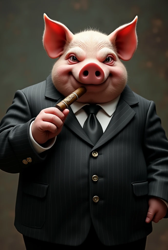 Fat mobster pig dressed in a black formal suit smoking a Cuban cigar looking at the camera with sunken eyes