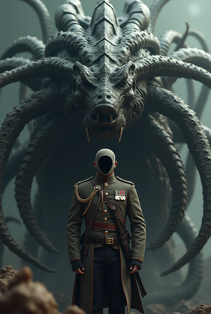 Create a British soldier with a socket for a face, behind him is a hydra made of heavy metal cape style extensions
