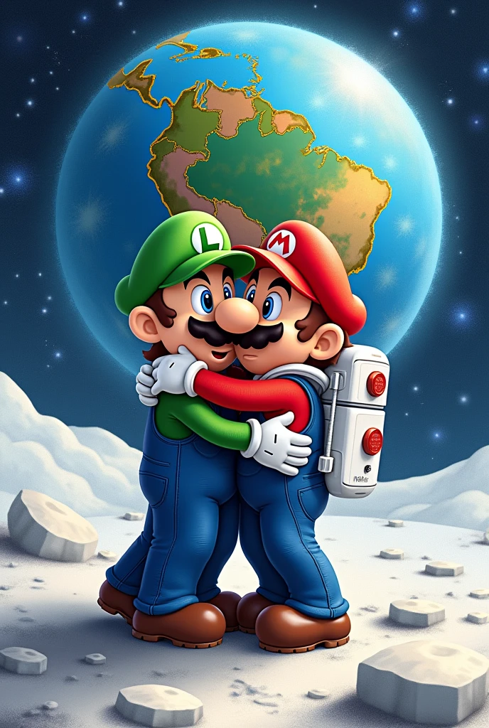 Just Mario Bros hugging an astronaut on the moon, looking at the map of Brazil from above... watercolor background