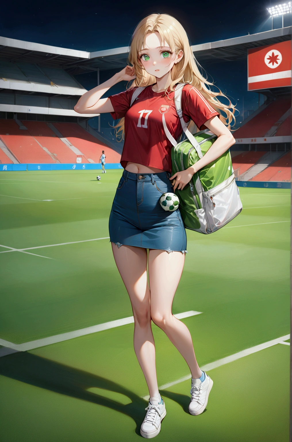 realistic anime illustration of adorable blonde young woman at soccer stadium, carrying white backpack, she has a long hair and forehead, she wearing green soccer t-shirt, blue denim tube mini skirt, white sneakers (1girl, solo, full body), (masterpiece, best quality, japanese anime style), (expressive eyes, perfect face)