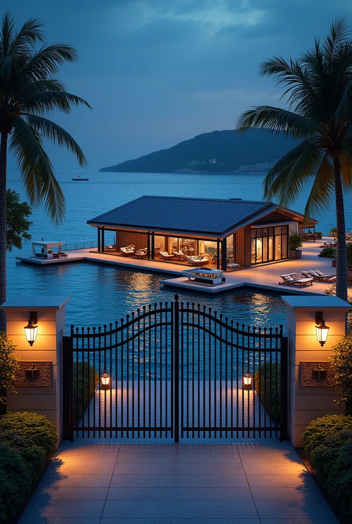 illustration of a modern nautical marina in são paulo, during at night, belonging to the company pirate waves. wrought iron gate with company emblem leads to wooden and steel pier, illuminated by modern lanterns. the modern sailing club and the modern maintenance shed. gardens with hammocks and sun loungers surround the area. the modern boathouse stores navigation and water sports equipment. o mar é cristalino during at night, with few waves and the family's modern white boat is on it