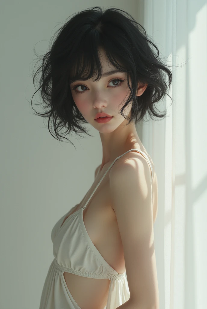 Cute nude girl with narrow eyes and short black hair