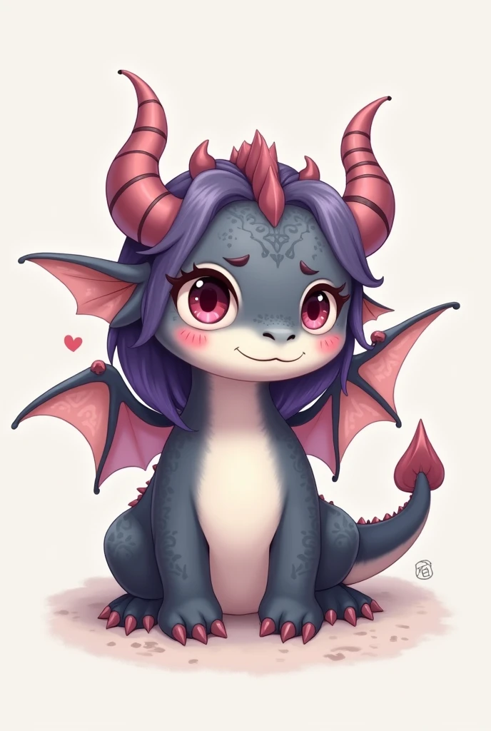 A girl dragon plushie in dark grey and white with long purple hair, twisted horns and wings illustration