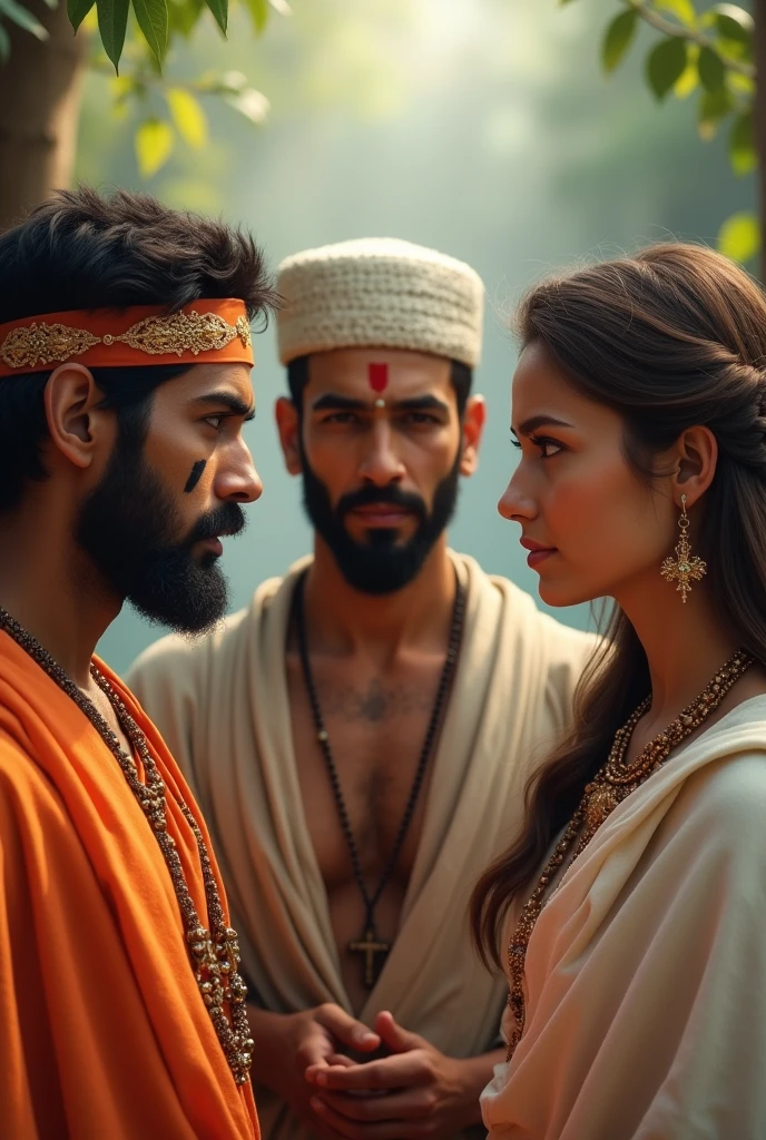 A Hindu with a vibhuti band on his forehead, a Muslim with a cap on his head, a Christian with a cross around his neck