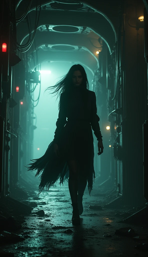 close up view of a (sks woman:1:2) walking inside an abandoned space station,
sci-fi, horror, intricate details, high contrast,
(artwork by Beksinski, methurlant),