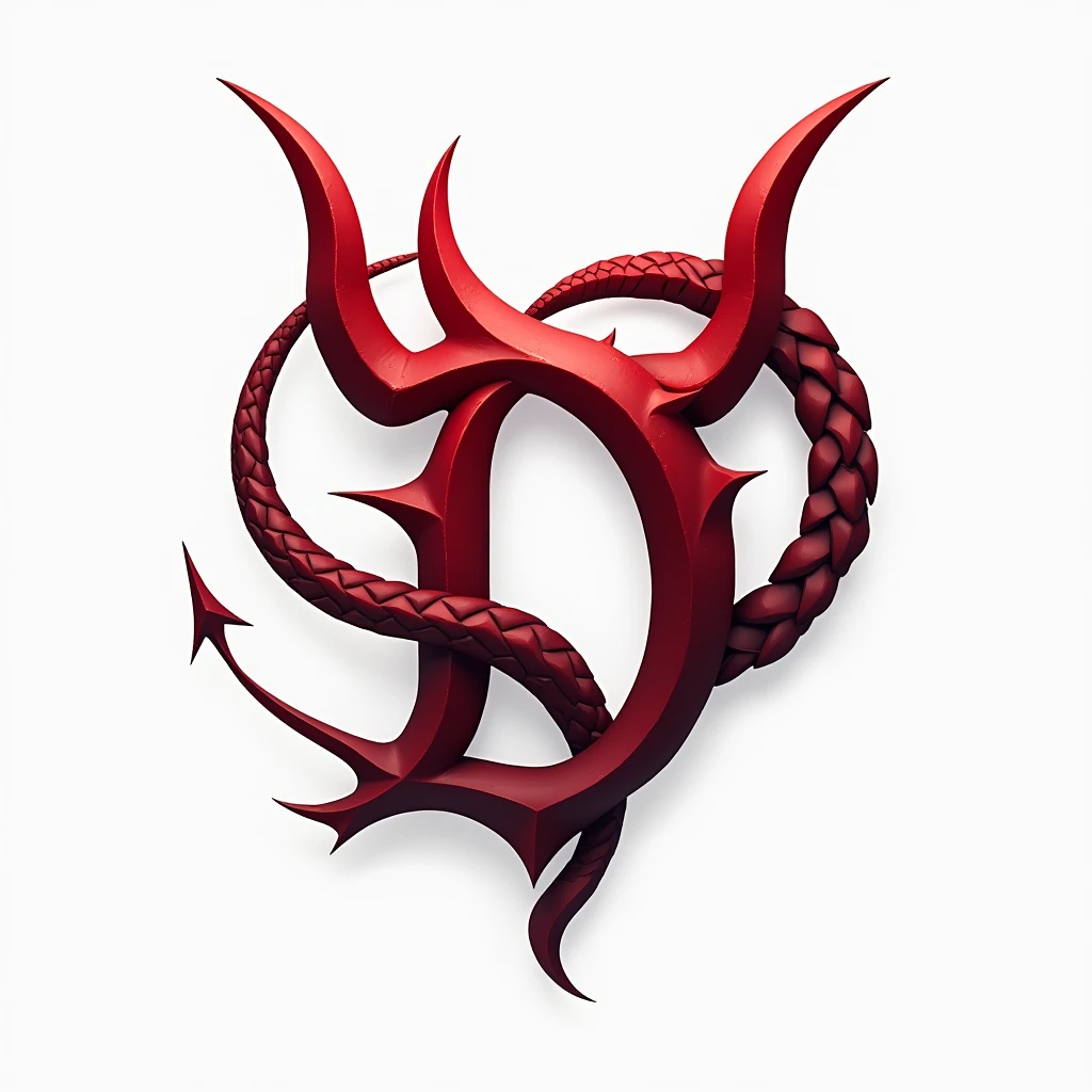 (logo design)  evil logo, a  striking red letter D, adorned with demon horns, and a sinuous demon tail extending from the base, dynamic and bold, emphasizing a dark theme, glossy finish, high-resolution, creating an impression of sexuality and power. White background. 