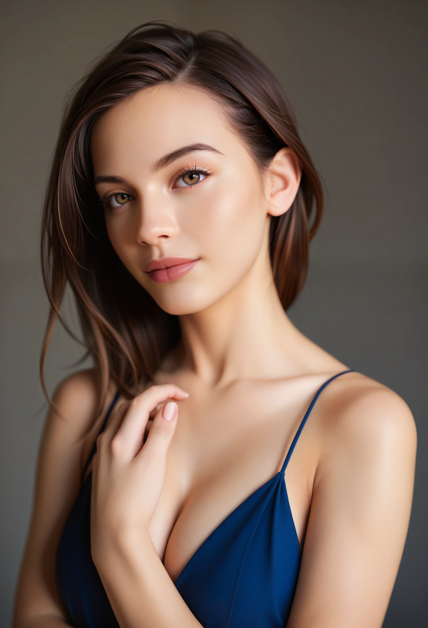 a beautiful young woman in a gray dress, hugging herself, alone in a gray background, introspective expression, medium bust size, detailed facial features, cinematic lighting, photorealistic, highly detailed, 8k, (best quality:1.2),(realistic:1.37)