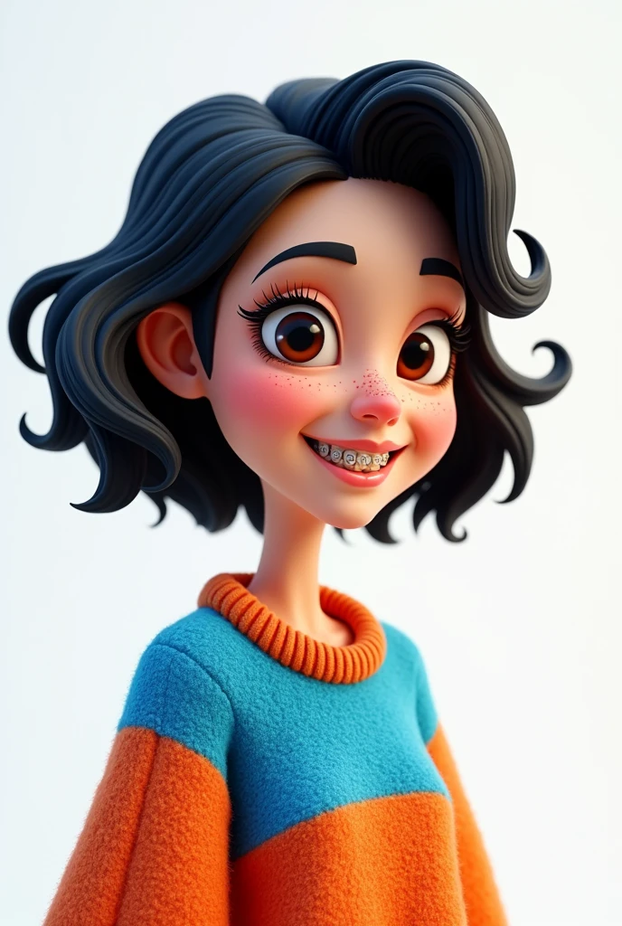 create a 3d image/cartoon portrait, of a 43 year old woman, black wavy bob hair, olhos amendoados, blue and orange sweater, dental braces, freckles on the face, white background