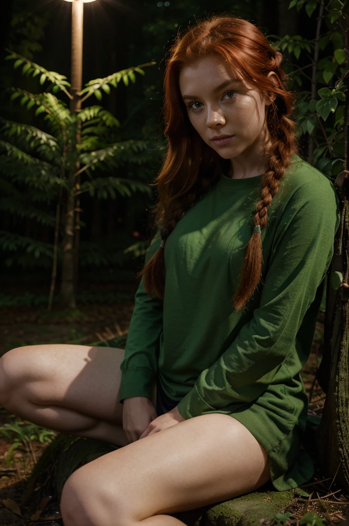 a red-haired, green-eyed, puny girl , with a single braid, sitting in a forest at night, with public lighting, with cold.