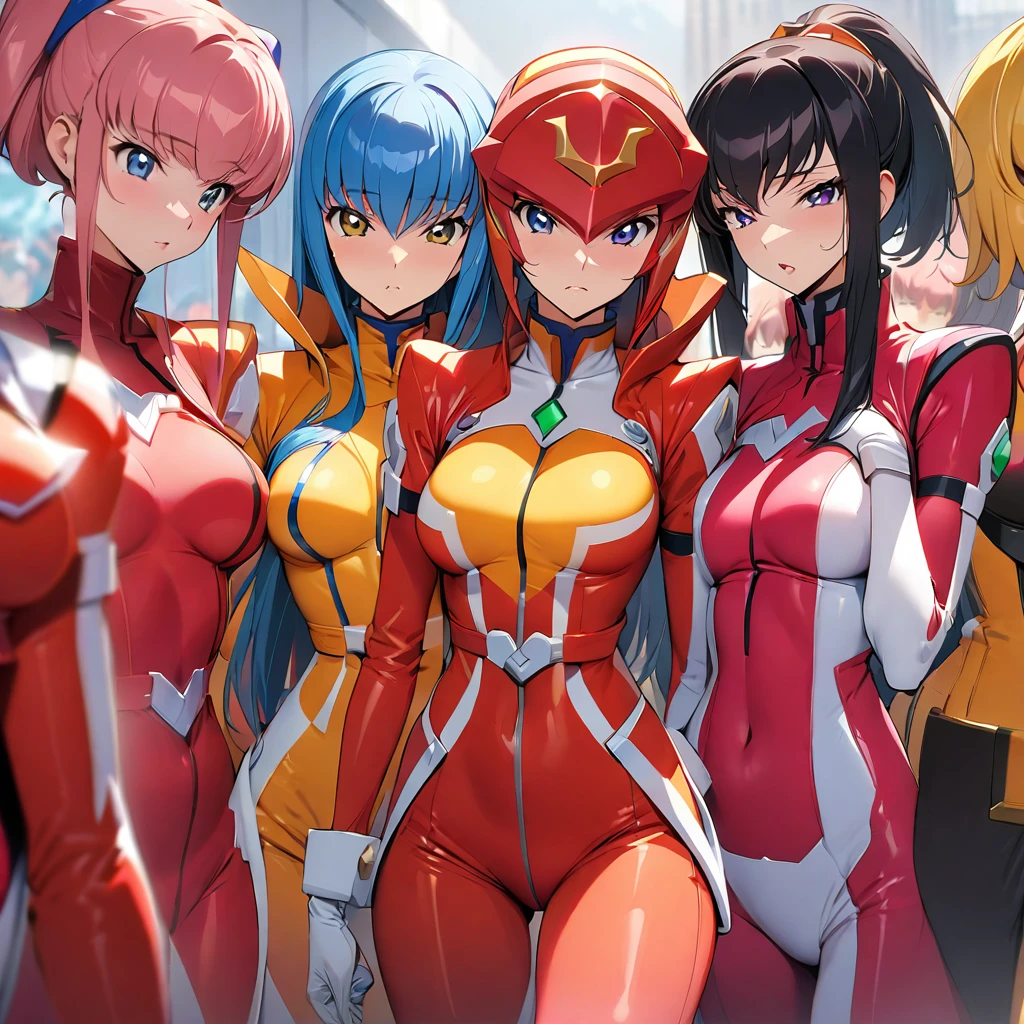 super sentai series, hero suits, girls surrounding, multiple girls, (masterpiece, best quality, ultra detailed), (code geass style, ), ( romantic, ), (close distance front face shot), 