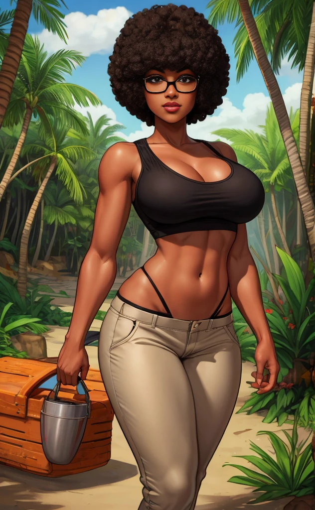 nerdy black girl, Rubenesque, sexy, beige pants and red tank top, black afro, visible thong, midriff, jungle beach, short hair