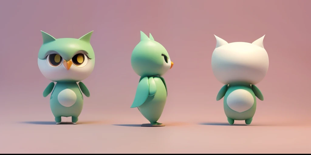 3D low poly IP design,Three cartoon owls stand in a row, animated character design,front back view and side view, cartoonish and simplistic, Round hands and feet,White round belly in the middle,Fruity green body,pixar-style,Cute owl prototype,potbelly,largeeyes,,Round feet,Pointy ears,Owl's nose,Head-to-body ratio of 2:1,adolable,blindbox, full body, chibi,