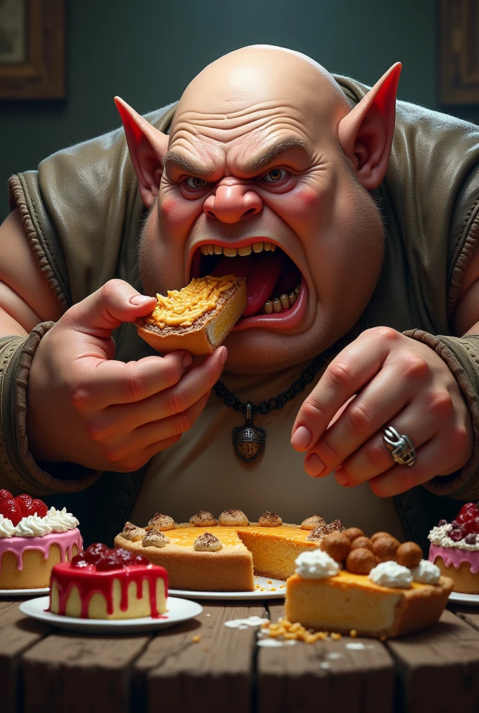Bald and fat ogre eating sweets, wears leather clothes