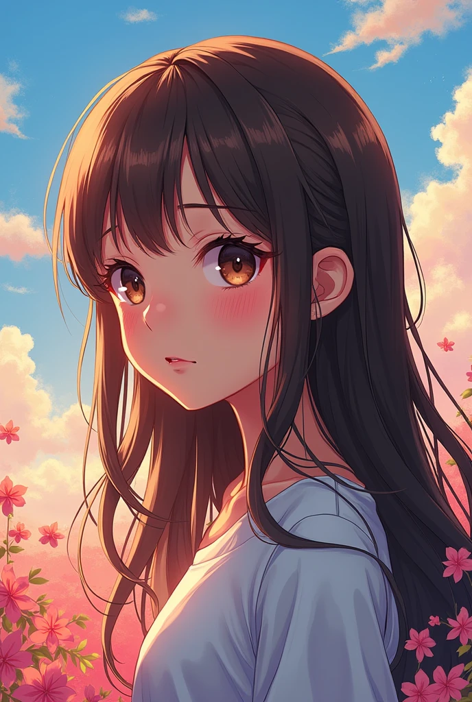 Adolescent girl with brown hair and slanted eyes anime