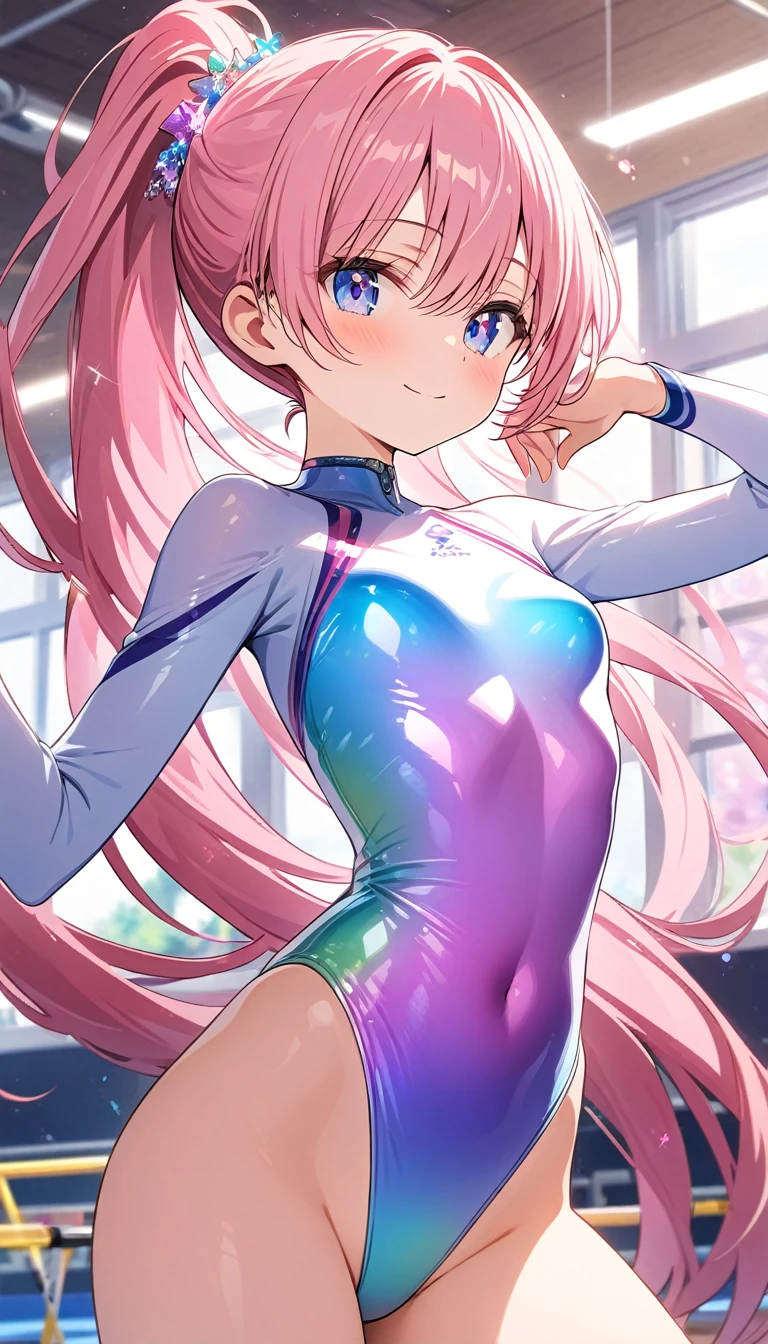 highquality illustration, masterpiece, very delicate and beautiful, attractive girl,(gymnastics leotard,long sleeve leotard with glittery decoration,high_leg leotard,athletic leotard,tight-fit leotard,iridescent gradient leotard,long sleeve leotard),thin,slender body,slim,high school,gymnasium background,gymnastics club,gymnastics athlete,princess, beautiful eyes,light smile,(masterpiece, best quality:1.2), highres, extremely detailed CG unity 8k wallpaper, perfect lighting, Colourful, ultra-high res,4K,ultra-detailed, photography, 8K, HDR, 17 ages,cowboy shot,
