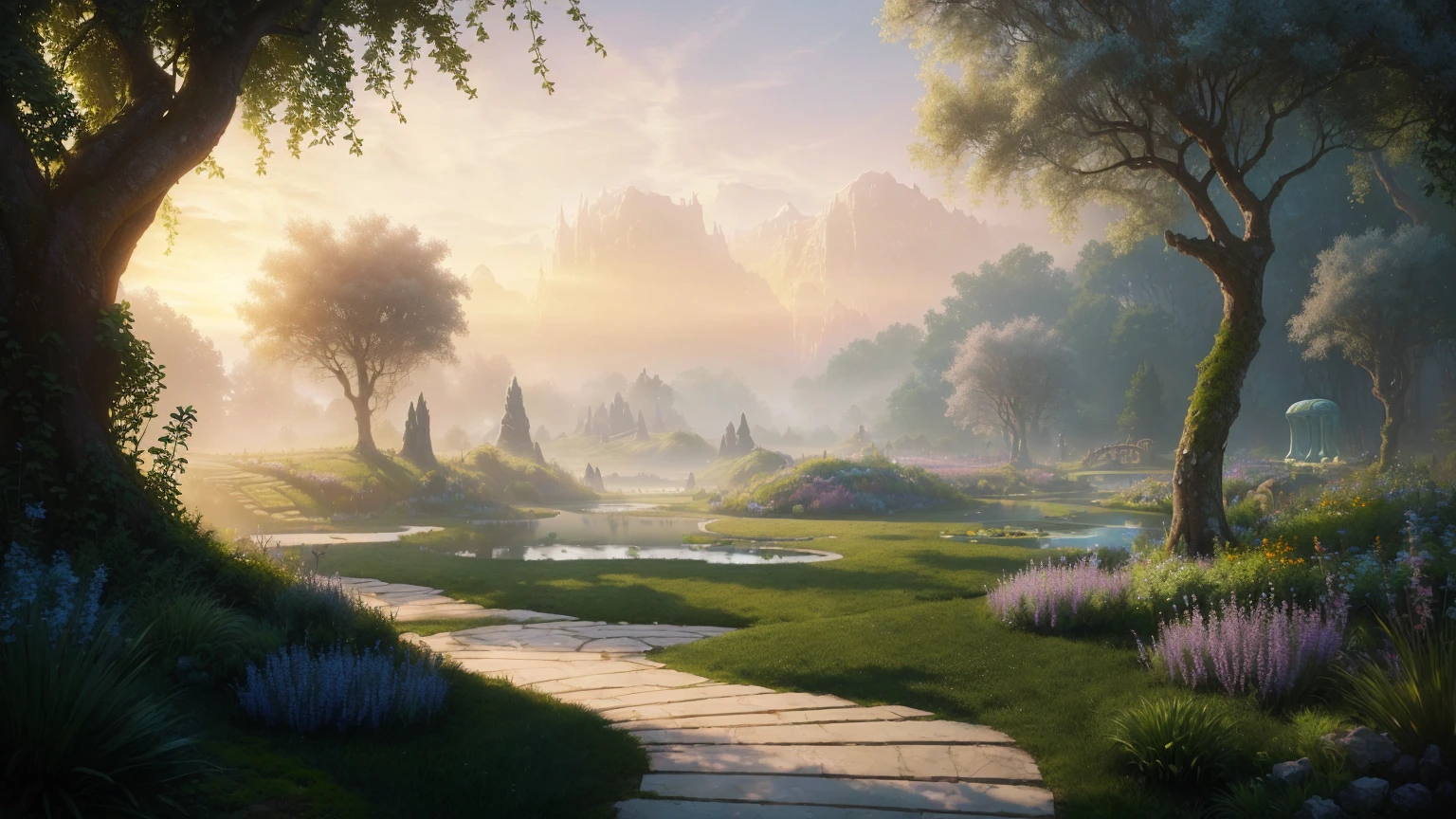 painting of a pathway leading to a pond in a garden, realistic fantasy render, whimsical fantasy landscape art, 4k highly detailed digital art, dreamy matte painting, fantasy matte painting,cute, symmetrical fantasy landscape, mystical fantasy landscape, stuning fantasy 3 d render, in a park on an alien planet, matte painting in fantasy style, epic dreamlike fantasy landscape