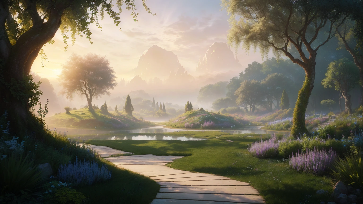 painting of a pathway leading to a pond in a garden, realistic fantasy render, whimsical fantasy landscape art, 4k highly detailed digital art, dreamy matte painting, fantasy matte painting,cute, symmetrical fantasy landscape, mystical fantasy landscape, stuning fantasy 3 d render, in a park on an alien planet, matte painting in fantasy style, epic dreamlike fantasy landscape