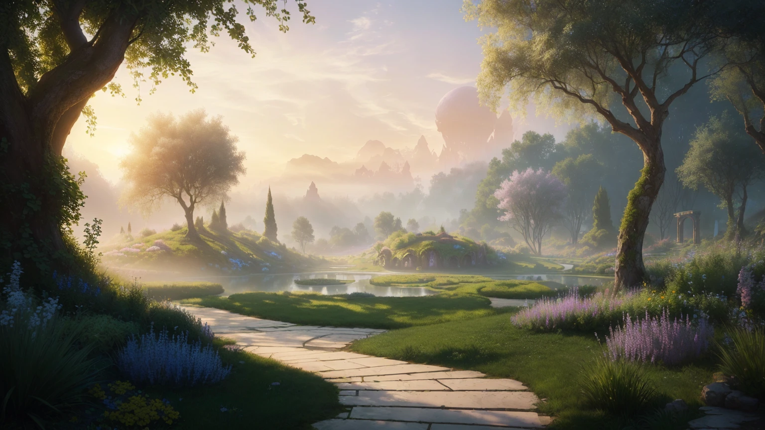 painting of a pathway leading to a pond in a garden, realistic fantasy render, whimsical fantasy landscape art, 4k highly detailed digital art, dreamy matte painting, fantasy matte painting,cute, symmetrical fantasy landscape, mystical fantasy landscape, stuning fantasy 3 d render, in a park on an alien planet, matte painting in fantasy style, epic dreamlike fantasy landscape