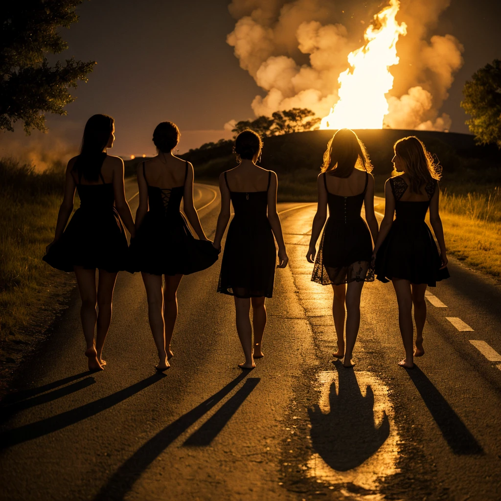 Create an ultra-realistic image of three women standing in the middle of a deserted road at dusk. The women are wearing elaborate dresses with gathered skirts: one in black, one in red and black, and one in purple and black, all are shoeless and barefoot. They are positioned around a small fire contained in a simple pot, which casts a warm glow around them. The atmosphere is dark and mysterious, enhanced by the dim moonlight and the long shadows cast on the road as it disappears into the horizon. Each woman's face is obscured to maintain privacy.