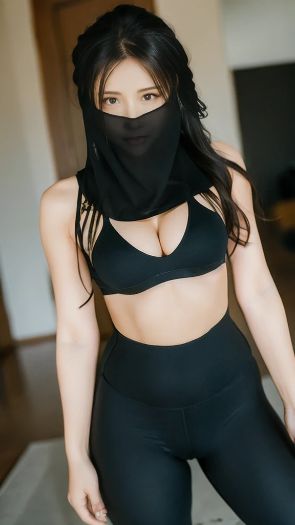 （lifelike， high - resolution：1.3），full body , 1 girl with a perfect body， Super fine face and eyes，slong hair， midriff of black colors：1.2， black shiny leggings，face veil,   big boob，Expose cleavage, ninja pose.