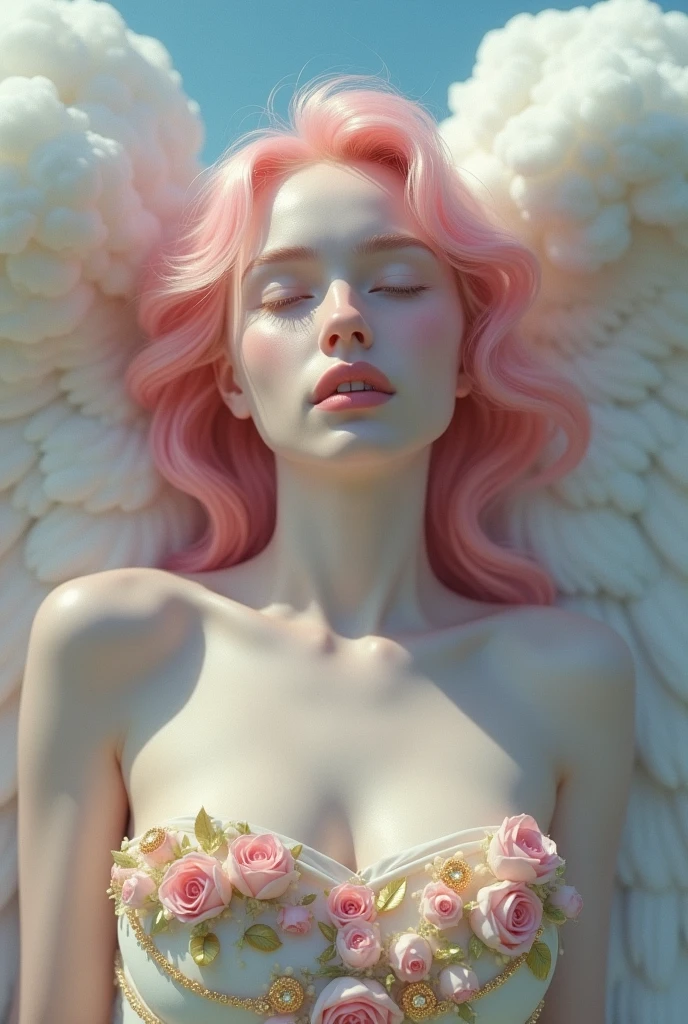 rompts Copy prompts sky view image depicting a beautiful angel lying on a fluffy cloud. She has pale white skin, crystal blue eyes, round, glossy pink lips gently opened, soft pink hair. she is naked, and her chest is covered in golden jewels and pink roses. Her gaze portrays her in a state of reverie