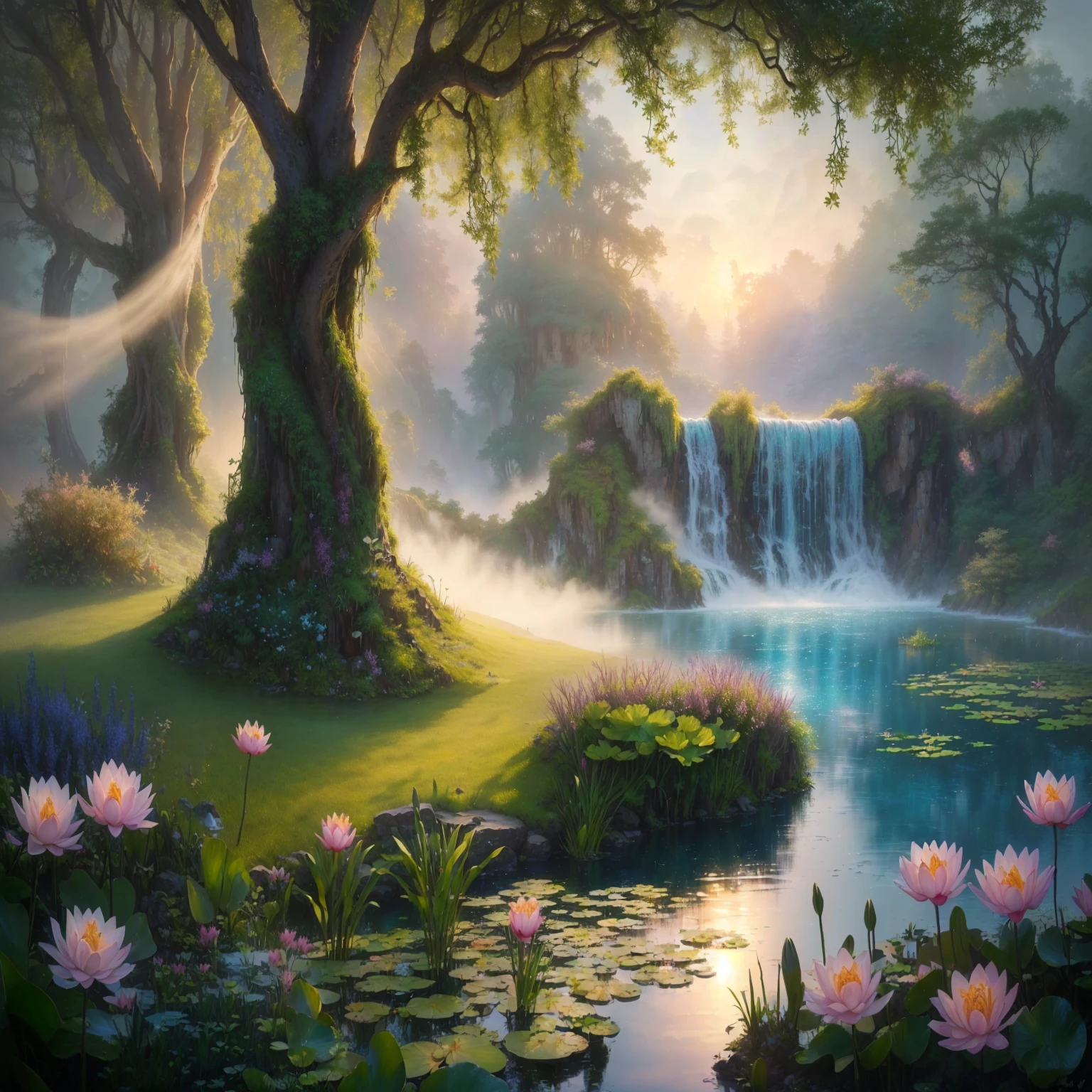 there is a painting of a waterfall and a pond with water lillies, beautiful art uhd 4 k, magical landscape, dreamy landscape, fantasy art landscape, fantasy landscape, fantasy forest landscape, whimsical fantasy landscape art, background artwork, mystical fantasy landscape, 4k highly detailed digital art, mystical forest lagoon, fantasy scenic, beautiful dreamy landscape, peaceful landscape, fantasy background