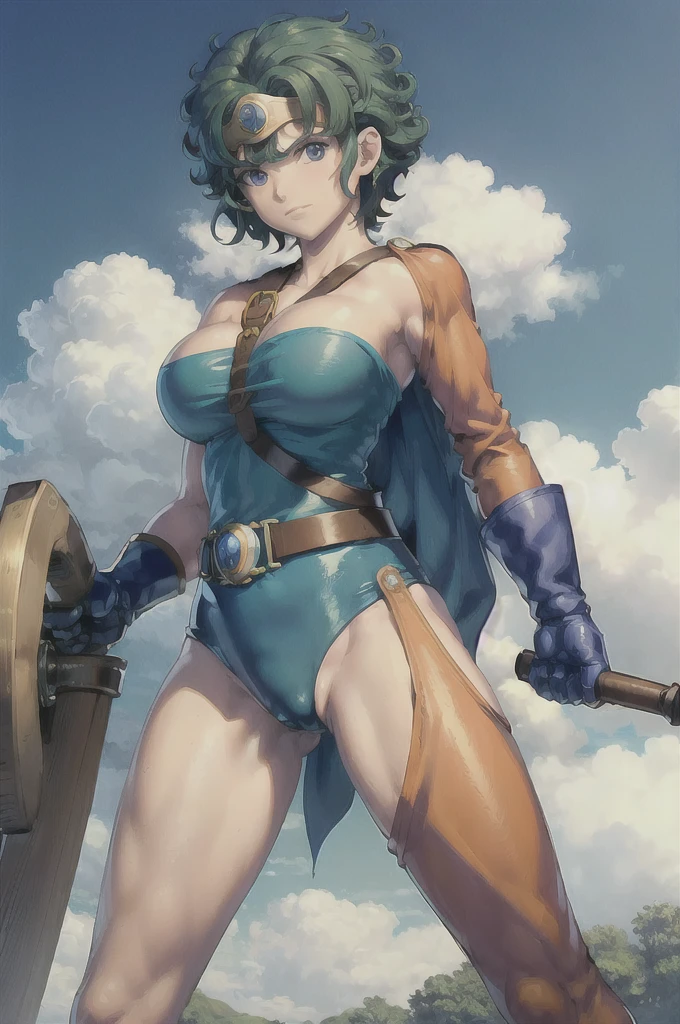 (masterpiece, best quality:1.1), (sheathed weapon on back:1.2), roto (dq3), 1girl, solo, short hair, brown hair, blue eyes, circlet, large breasts, cleavage, strapless, blue dress, purple cape, thighhighs, elbow gloves, boots, belt, scabbard,, knee boots, simple background, 