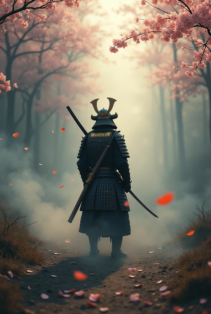Create a detailed image of a Samurai warrior standing with his back to the viewer, looking over his shoulder. The Samurai wears intricate armor with a katana on his back. The background features a dusty path, swirling smoke, and floating cherry blossom petals. The scene is dramatic and mysterious, highlighting the warrior's intense gaze and the texture of his armor.