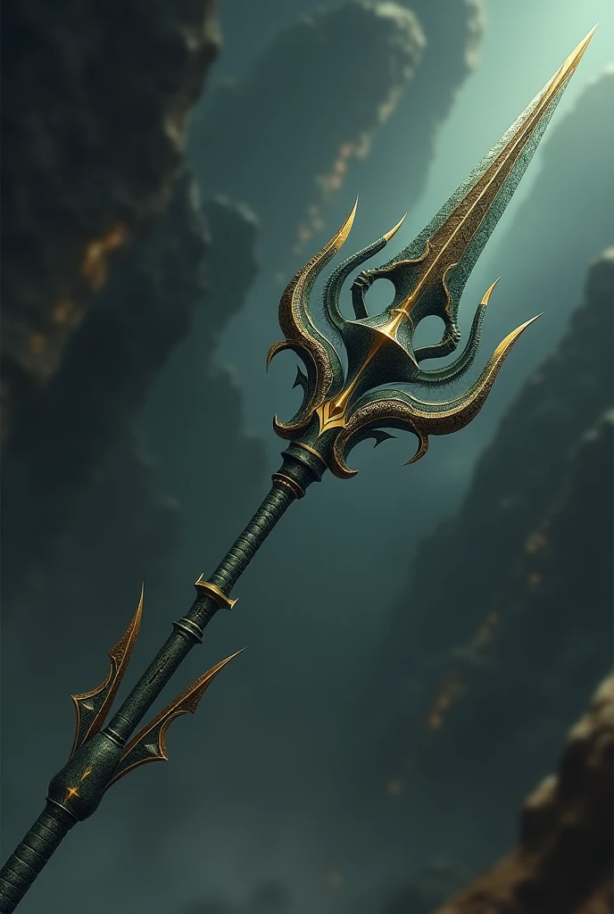 Draw a picture of a dehydra-shaped spear (specific with 3 heads), being held in the diagonal pose
