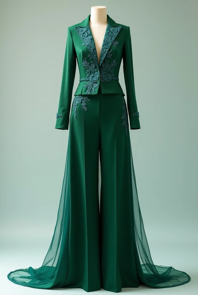 Design of an emerald green suit with blue embroidery