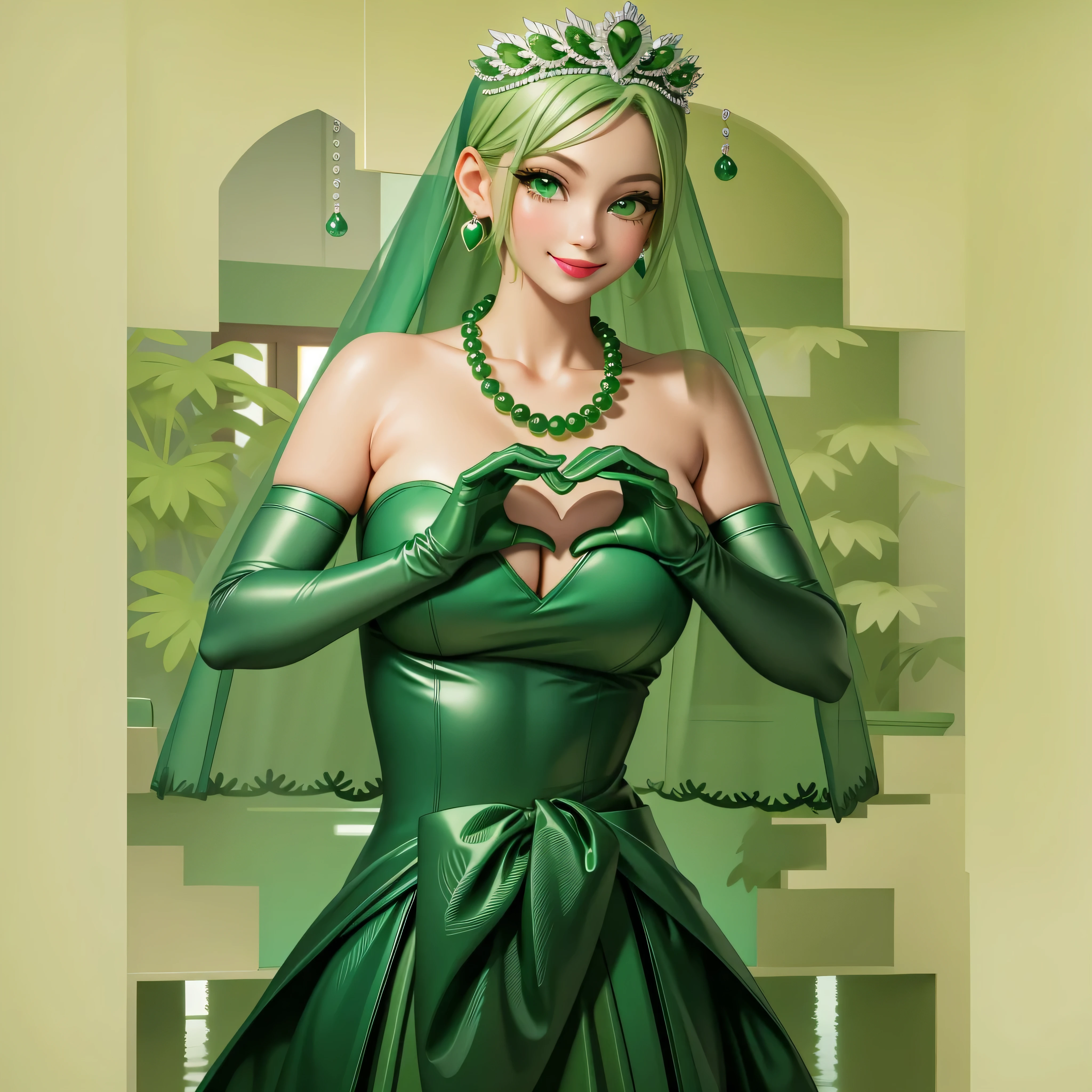 Emerald tiara, Green Pearl Necklace, Boyish very short green hair, Green Lips, Smiling Japanese woman, Very short hair, Busty beautiful lady, Green Eyes, Green satin long gloves, Green Eyes, Emerald Earrings, Green veil, Heart with both hands, Green Hair, Beautiful Japanese Women, Heart shaped hands:1.3, green lip gloss