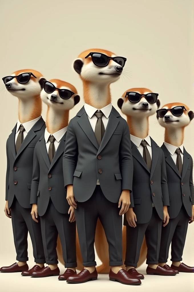 7 meerkats in suits, sunglasses and dress shoes