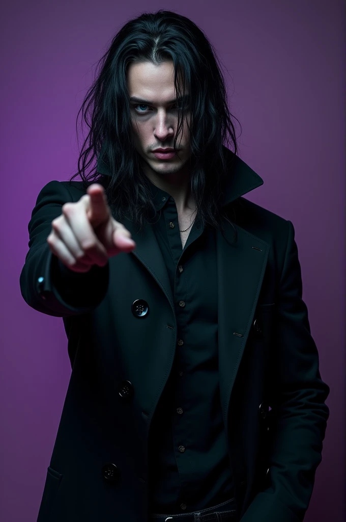 A sexy male with black long hair, teal blue eyes, and delicate facial features. He is wearing a black trench coat, black shiny leather jeans, and a horror mask. He is pointing at the camera. (No facial hair) (no body hair) (black and purple) (gloomy atmosphere) (Mysterious atmosphere) (((male))) (((a seductive male))) ((best quality)), ((masterpiece)), (detailed).