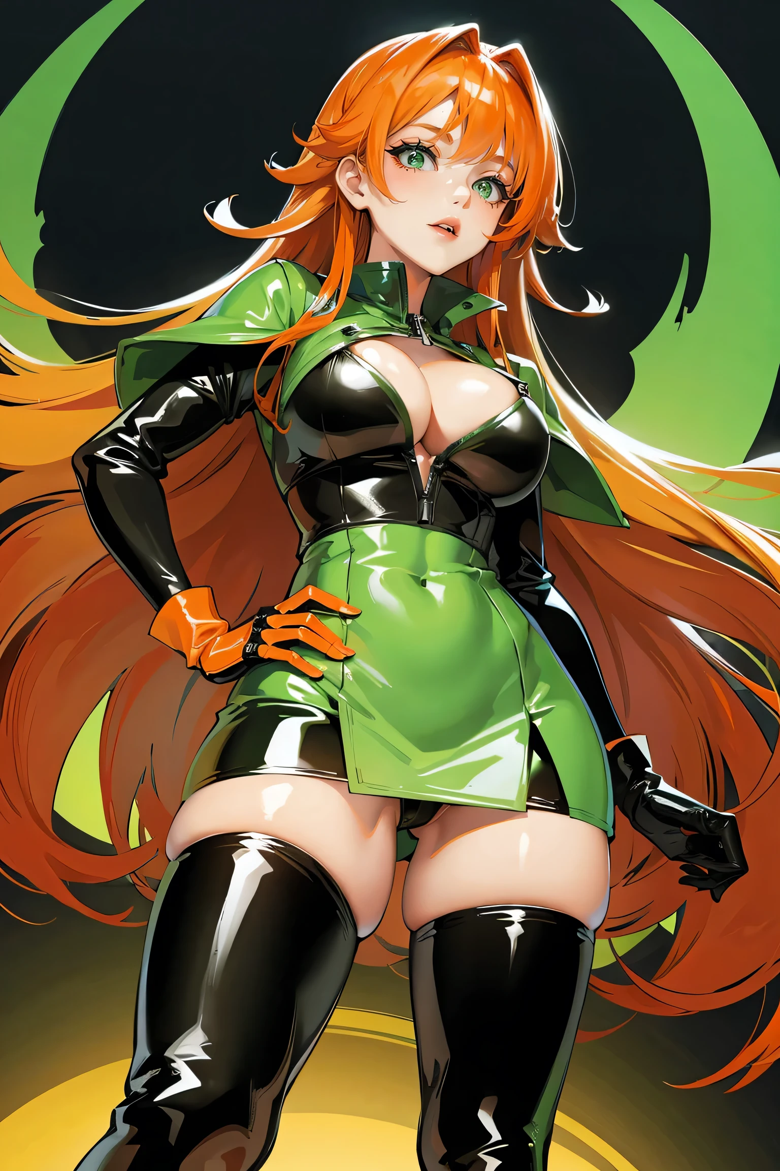 long orange hair, green eyes, large cleavage, looking down, giantess, boots, latex, mini skirt