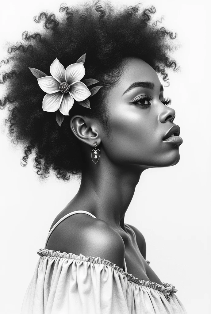 pencil sketch, pretty black girl, high détail, flower in hair, work of art, Coal chips