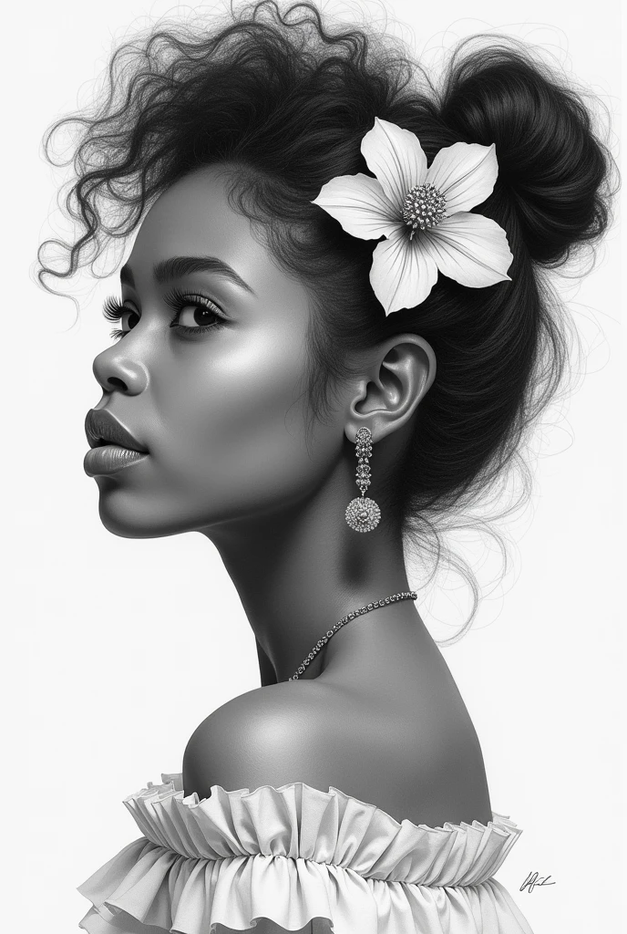 pencil sketch, pretty black girl, high détail, flower in hair, work of art, Coal chips