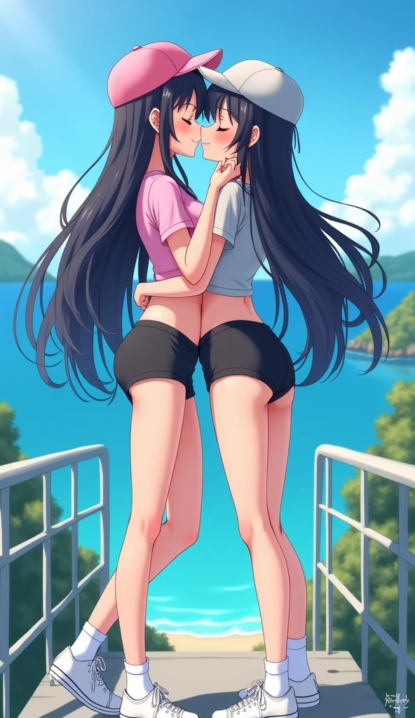 Two womens long black hairs, yuri,
(The first women wear a pink shirt, pink cap, short black skirts, black underpants, white socks, white sneakers)
(The second women wore a grey shirt, grey cap, short black skirts, black underpants, white socks, white sneakers)
closed eyes, sensual body, hugging and kissing on the bridge, touching black underpants on under short black skirts, blue sky, ocean, novel cartoon, 4K, HD