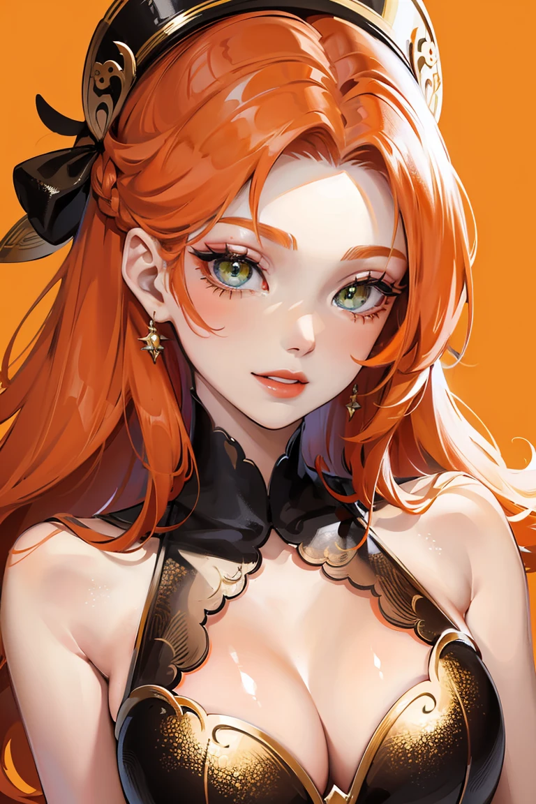 long orange hair, green eyes, large cleavage, pale skin, face closeup, glam makeup, smile, wink, red lipstick