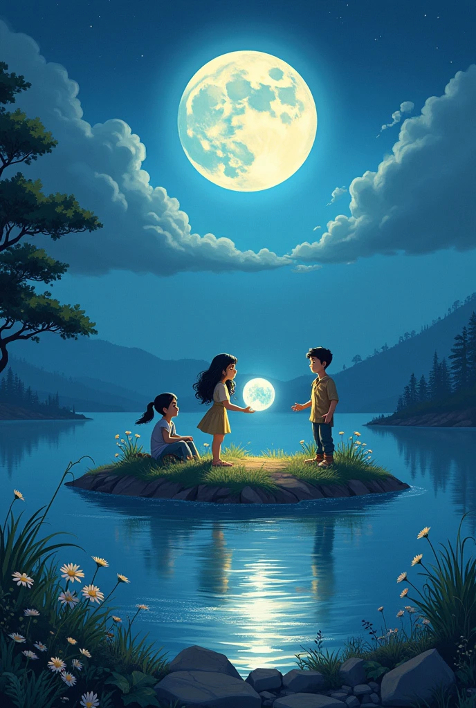 A spirited young girl from the Sunstone Tribe, A calm and wise boy from the Moonshadow Clan, A young girl from the Sky Wind Nomads, who can communicate with animals, A young boy from the Earthbound Village, known for his strength and connection to the earth. A young girl with a physical disability from the Starflower Meadows uses her inventive mind and a magical wheelchair to navigate the world, on the island at the center of Moonshadow Lake, with the wise boy from the Moonshadow Clan holding the glowing Water Pearl, surrounded by moonlit flowers, and watching over by the water spirits.