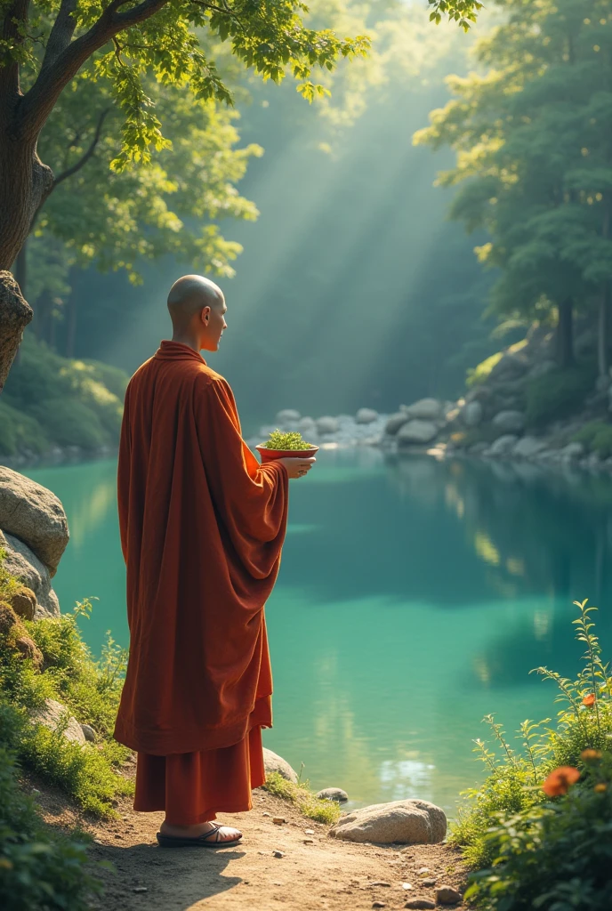 The disciple took a small bowl and walked towards the pond. 