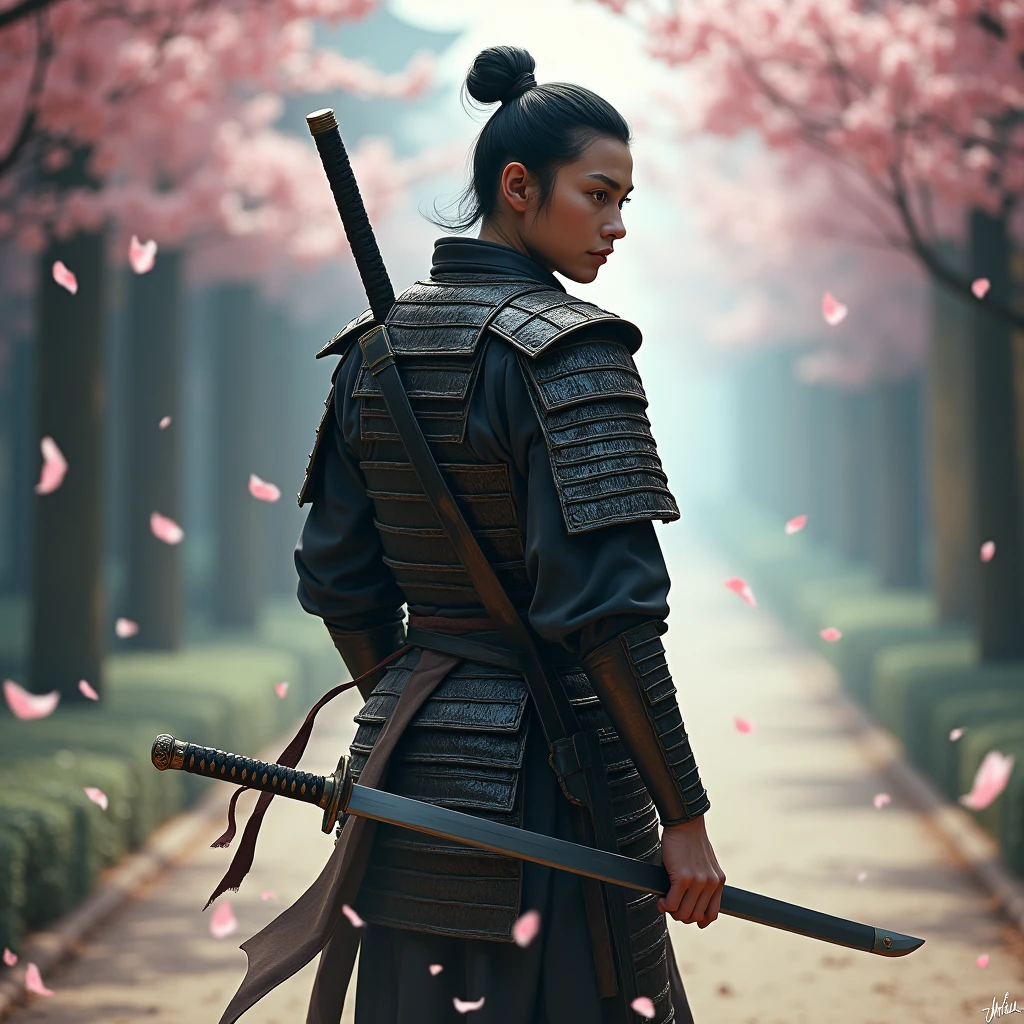 Create a detailed image of a Samurai warrior standing with his back to the viewer, looking over his shoulder. The Samurai wears intricate armor with a katana on his back. The background features a dusty path, swirling smoke, and floating cherry blossom petals. The scene is dramatic and mysterious, highlighting the warrior's intense gaze and the texture of his armor.