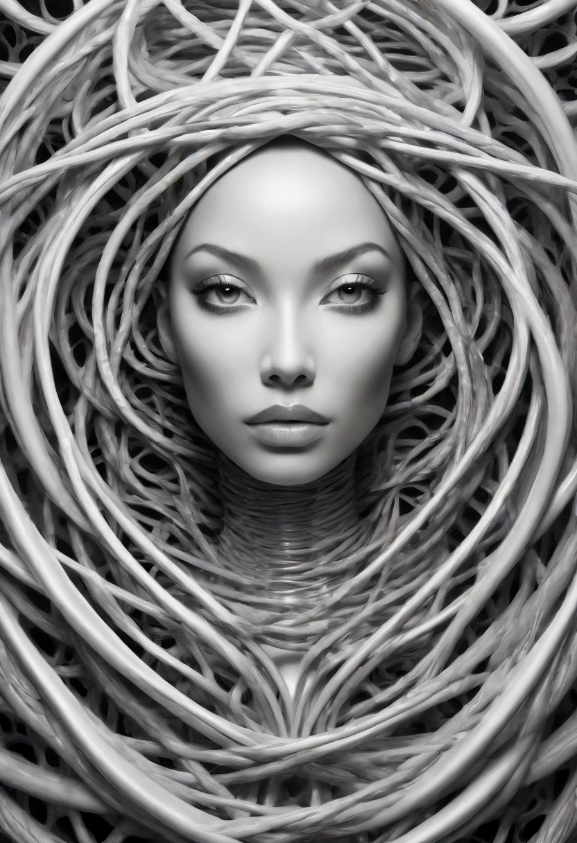 I AM a work of art A PERFECT FRONT-FACED PORTRAIT OF DIFFERENT RACES THAT SEE ALL AND THAT USES ALL THE ELEMENTS OF OTHER WORLDS surreal that IS the abstract form of a beautiful woman. His figure is composed entirely of intertwined SURREAL CHAOS that come in and out, forming A BODY FROM ANOTHER WORLD. THINGS vary in thickness, some daring and others fine, creating a sensation of depth and movement, reveals a serene and hopeful expression. The background is a dreamlike swirl of soft pastel colors that blend seamlessly with the lines., suggesting an otherworldly landscape. Subtle touches of light radiate from its shape, symbolizing hope and inner strength, as if emerging from chaos into a world of possibilities. The overall effect is both delicate and powerful., and captures the essence of beauty and hope in an abstract and surreal style. NOTABLE DEPTH OF FIELD RULE OF THIRDS 24K PHOTOSHOP-LIKE FINISH COMBINES BLACK AND WHITE WITH BRIGHT COLORS