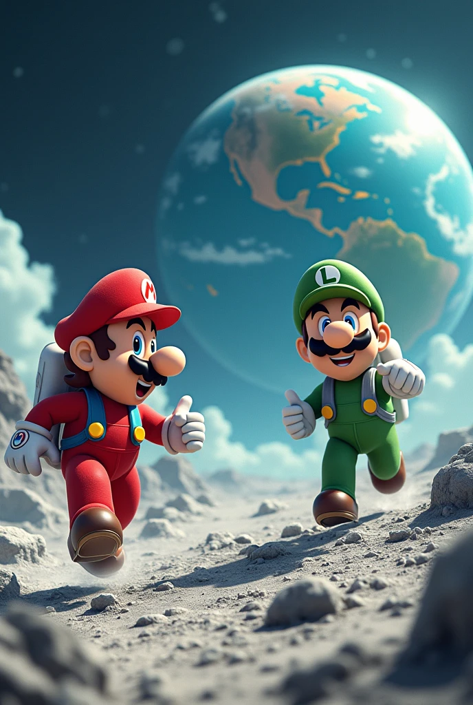 Mario Bros on the moon with an astronaut observing Brazil. very happy