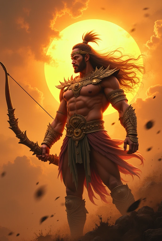Surya puthra Karnan body kavaja baground sun hand bow warrier kurukshetra war normal hair
