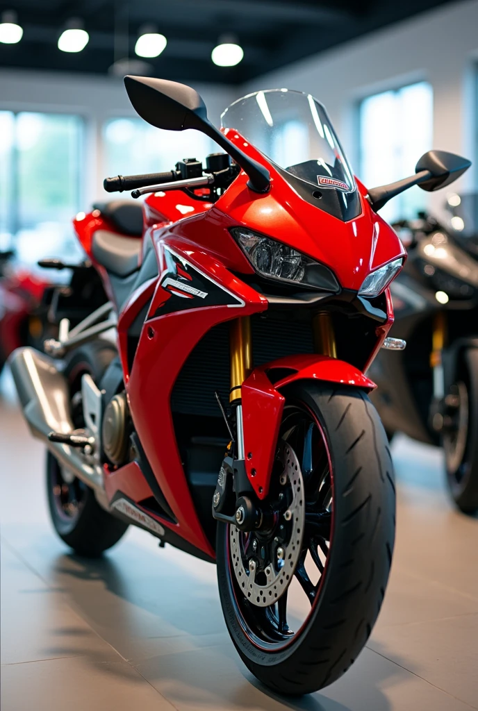 photo at the dealership of a red Honda motorcycle, titan fairing xre wheel xre seat and high passenger seat