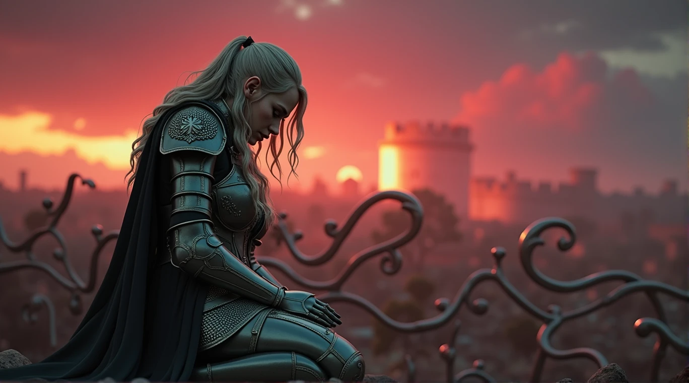 ((masterpiece, top quality, high resolution, highly detailed CG unified 8K wallpaper)), (huge stunning goddess shot, very hot and sexy, jaw dropping beauty, perfect proportions, beautiful body, slim body beauty:1.3), Moonlit Confession, On the balcony of an old castle at night, a female knight crouches on one knee and gazes at you, A female knight in medieval armor, crouching on one knee, administers the knightly oath to you, a huge full moon in the background, lighting from behind, hands on her chest as she offers you the knight's oath, silver armor shining in the moonlight,